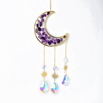 Natural Amethyst Chips Moon Pendant Decoration, Hanging Suncatchers, with Glass Teardrop Charm, for Home Garden Decoration, 400mm