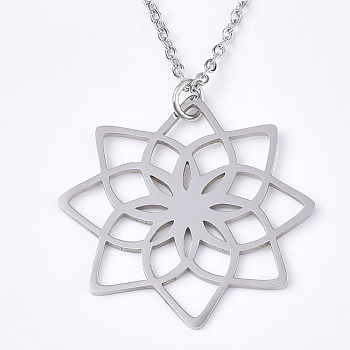201 Stainless Steel Pendant Necklaces, with Cable Chains, Lotus, Stainless Steel Color, 17.5 inch~17.9 inch(44.5~45.5cm), 1.5mm, Lotus: 29.5x29.5x1mm