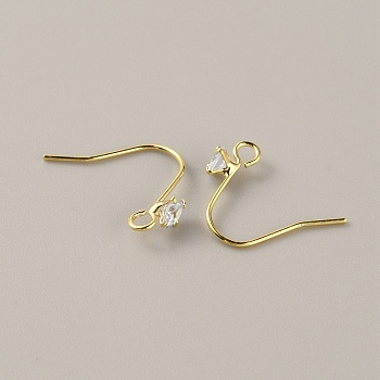 Brass Micro Pave Clear Cubic Zirconia Earring Hooks, with Horizontal Loops, Golden, 15mm, Hole: 2mm, Pin: 0.7mm