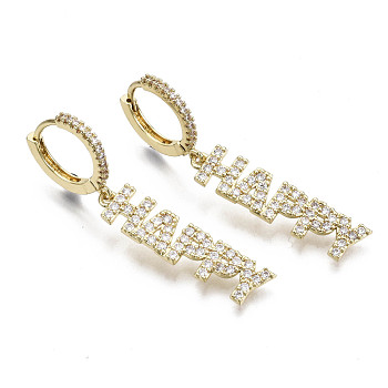 Brass Micro Pave Clear Cubic Zirconia Dangle Huggie Hoop Earrings, Word Happy, Nickel Free, Real 16K Gold Plated, 40mm, Pin: 0.8mm