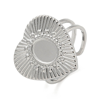 304 Stainless Steel Open Cuff Pad Ring Cabochon Settings, Heart, Stainless Steel Color, Inner Diameter: 17mm, Tray: 8x6mm