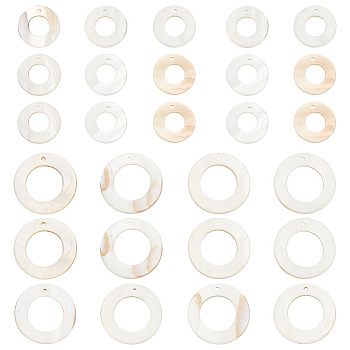 60Pcs 2 Colors Natural Freshwater Shell Pendants, Ring Charms, Creamy White, 20~30x1.5~2mm, Hole: 1mm