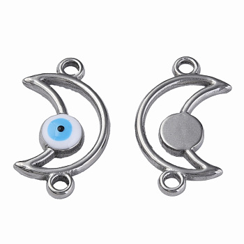 304 Stainless Steel Enamel Connector Charms, Stainless Steel Color, Moon with Evil Eye, White, 20.5x12x3mm, Hole: 1.8mm