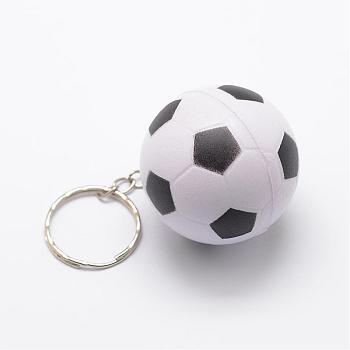 Plastic FootBall/Soccer Ball Keychain, with Alloy Key Findings, White & Black, 91mm
