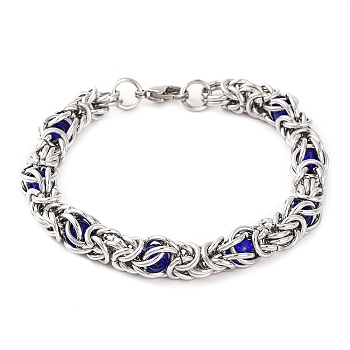 304 Stainless Steel String Bag Chain Bracelets for Women, with Blue Acrylic Beads, Stainless Steel Color, 8-7/8 inch(22.4cm)