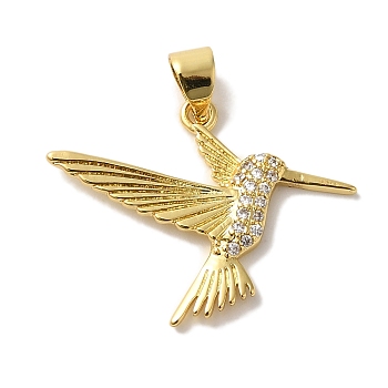 Rack Plating Brass Micro Pave Cubic Zirconia Pendants, Cadmium Free & Lead Free, Long-Lasting Plated, Woodpecker, Real 18K Gold Plated, 19.5x26x2.5mm, Hole: 5x3.5mm