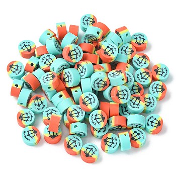 Handmade Polymer Clay Beads, Flat Round with Anchor & Word LLAWAH Pattern, Light Sea Green, 9x5mm, Hole: 1.8mm