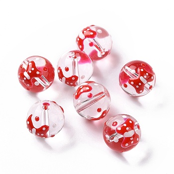 Transparent Glass Beads, with Enamel, Round, Red, Bowknot Pattern, 11.5~12x11mm, Hole: 1.5~1.6mm
