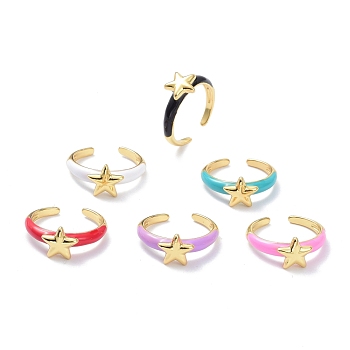 Brass Enamel Cuff Rings, Real 18K Gold Plated, Long-Lasting Plated, Star, Mixed Color, US Size 7 1/4(17.5mm), 2~4mm