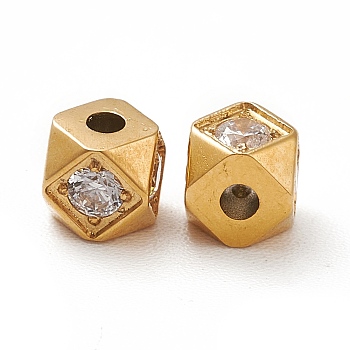 Ion Plating(IP) 304 Stainless Steel & Clear Cubic Zirconia Beads, Real 14K Gold Plated, Faceted, Cornerless Cube Beads, Clear, 4x4x4mm, Hole: 0.8mm