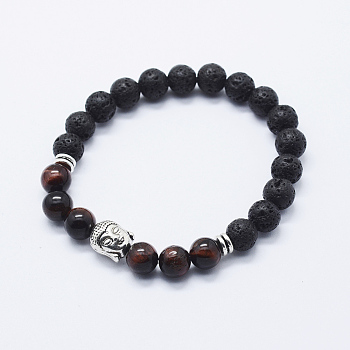 Natural Lava Rock and Red Tiger Eye Stretch Bracelets, with Alloy Buddha's Head, Antique Silver, 2-3/8 inch(59mm)