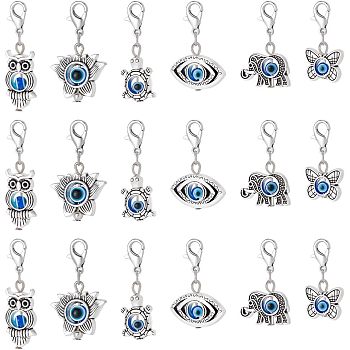 Evil Eye Pendant Decorations, Alloy & Resin Lobster Clasp Charms, Lotus Flower & Owl & Elephant & Eye & Butterfly & Tortoise, Antique Silver & Platinum, 28~36mm, 6pcs/set, 4 sets/box