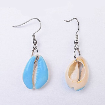 Dangle Earring, with Stainless Steel Findings, Cowrie Shell and Enamel Beads, Light Sky Blue, 41.5~45.5mm, Pin: 0.6mm