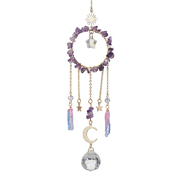 Natural Amethyst Chip Pendant Decorations with Brass Moon & Cable Chain & Electroplated Quartz Crystal Tassel, Faceted Round Glass Crystal Ball & Star Prism Suncatchers, 278mm