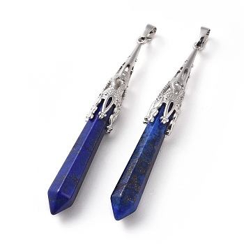Natural Lapis Lazuli Big Pendants, with Brass Finding, Bullet, Platinum, 75~80x10~10.5mm, Hole: 5x7mm