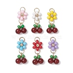 6Pcs 6 Colors Baking Paint Glass Seed Pendants, with Natural Carnelian Beads & Golden 304 Stainless Steel Loops, Flower, Mixed Color, 30x13x6.5mm, Hole: 4.8mm, 1pc/color(PALLOY-MZ00415)