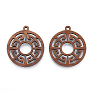 Chinese Style Natural Walnut Wood Pendants, Undyed, Hollow Flat Round Charm, Camel, 28x25x2.5mm, Hole: 1.8mm(WOOD-N011-014)