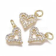 Brass Micro Pave Cubic Zirconia Charms, with Jump Ring, Long-Lasting Plated, Heart, Clear, Real 18K Gold Plated, 10x10x2mm, Hole: 3mm(ZIRC-F111-19G)
