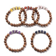 Stretch Bracelets, with Round Natural Gemstone Beads, Natural Wood Beads, Alloy Bead Caps and 304 Stainless Steel Spacer Beads, Inner Diameter: 2-1/8 inch(5.5cm)(BJEW-JB05523)
