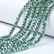 Electroplate Glass Beads Strands, Platinum Plated, Faceted, Rondelle, Dark Green, 6x5mm, Hole: 1mm, about 85~88pcs/strand, 16.1~16.5 inch(41~42cm)(EGLA-A034-T6mm-C03)