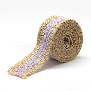 Burlap Ribbon, Hessian Ribbon, Jute Ribbon, with Lace, for Jewelry Making, Flower Pattern, Lilac, 1-1/8 inch(27~28mm), about 2.187yards/roll(2m/roll), 24rolls/bag(OCOR-R071-02B)