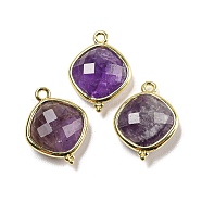 Natural Amethyst Pendants, Rack Plating Golden Plated Brass Faceted Rhombus Charms, 19x14.5x5.5mm, Hole: 1.6mm(G-M431-12G-01)