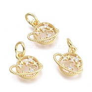 Brass Micro Pave Cubic Zirconia Pendants, with Jump Ring, Planet with Star, Clear, Real 18K Gold Plated, 10.5x10.5x1.8mm, Ring: 5x0.7mm, Hole: 3.3mm(KK-P187-06G)
