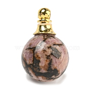 Natural Rhodonite Perfume Bottle Pendants, with 304 Stainless Steel Findings, Round, 25x16mm, Hole: 2mm(G-K338-22G-04)