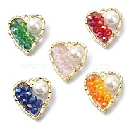 5Pcs 5 Color Glass & Natural Shell Beaded Pendants, with Rack Plating Light Gold Alloy Findings, Heart Charms, Mixed Color, 22.5x20.5x8mm, Hole: 1.5mm, 1Pc/color(PALLOY-TA00076)
