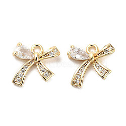 Brass Micro Pave Clear Cubic Zirconia Charms, Bowknot, Real 18K Gold Plated, 10x11x3.5mm, Hole: 1.4mm(KK-C054-04G)