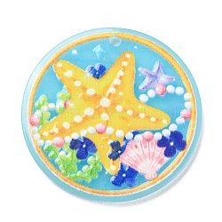 Acrylic Pendants, Flat Round with Ocean Theme Pattern, Gold, 34.5x2mm, Hole: 2mm(MACR-C019-02C)