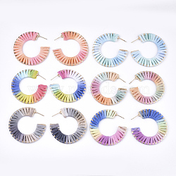 Handmade Raffia Woven Stud Earrings, Half Hoop Earrings, with Alloy Findings, Golden, Mixed Color, 48x47x3mm, Pin: 0.8mm(WOVE-S120-06)