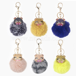 Pom Pom Ball Keychain, with Alloy Lobster Claw Clasps, Iron Key Ring and Chain, Enamel and Rhinestone, Pig, Light Gold, Mixed Color, 145~150mm(KEYC-F020-P)