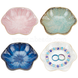 4Pcs 4 Colors Flambed Glazed Lotus Leaf Multi-Use Jewelry Plate for Rings Necklace Bracelet Display, Ceramic Dipping Dish, Snack Serving Dish, Mixed Color, 101x110x28mm, 1pc/color(AJEW-FG0003-59)