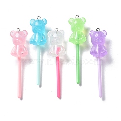 Luminous Transparent Resin Big Pendants, Glitter Lollipop Charms, Glow in Dark, with Platinum Tone Iron Loops, Mixed Color, Bear, 71x17x15mm, Hole: 2mm(RESI-K019-04A)