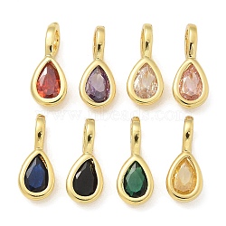 Brass Micro Pave Cubic Zirconia Pendants, Teardrop Charms, Long-Lasting Plated, Rack Plating, Lead Free and Cadmium Free, Mixed Color, 13x5.5x4.5mm, Hole: 3.5x2.5mm(KK-U050-04G-01)