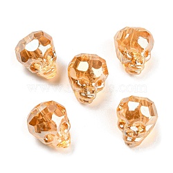 Electroplate Transparent Handmade Lampwork Beads, Faceted Skull, Orange, 15~15.5x13~13.5x14~14.5mm, Hole: 1.6mm, 5pcs/bag(LAMP-K038-01A)