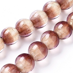 Lampwork Silver Foil Glass Beads Strands, with Gold Powder, Round, Saddle Brown, 12~12.5x11~12mm, Hole: 1.5mm, about 30pcs/strand, 13.5 inch(34.5cm)(FOIL-G028-01E)