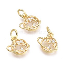 Brass Micro Pave Cubic Zirconia Pendants, with Jump Ring, Planet with Star, Clear, Real 18K Gold Plated, 10.5x10.5x1.8mm, Ring: 5x0.7mm, Hole: 3.3mm(KK-P187-06G)