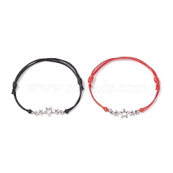 2Pcs 2 Color Triple Star Zinc Alloy Link Bracelets Set, Waxed Polyester Cord Adjustable Bracelets, Black, Inner Diameter: 1-3/4~3-1/8 inch(4.3~7.9cm), 1Pc/color(BJEW-JB09977-02)