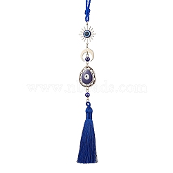 Teardrop with Evil Eye Plastic Enamel & Brass Moon/Sun Pendant Decorations, Braided Nylon Thread Tassel Hanging Ornaments, Blue, 303mm(HJEW-JM01524)