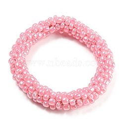 Crochet Glass Beads Braided Stretch Bracelet, Nepel Boho Style Bracelet, Pink, Inner Diameter: 1-3/4 inch(4.5cm)(BJEW-K232-01D)