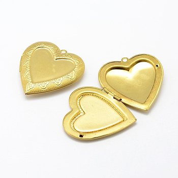Brass Locket Pendants, Photo Frame Charms for Necklaces, Heart, Nickel Free, Raw(Unplated), 42x40x7mm, Hole: 2mm, Inner Size: 30x26.5mm