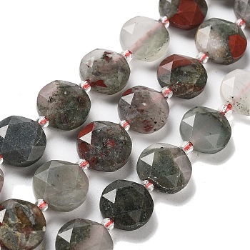 Natural African Bloodstone Beads Strands, with Seed Beads, Faceted Hexagonal Cut, Flat Round, 12~12.5x5~6mm, Hole: 1.2~1.4mm, about 27~29pcs/strand, 15.55~15.75 inck(39.5~40cm)