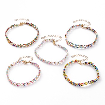 Round Mixed Style Glass Seed Beaded Bracelets, with 304 Stainless Steel Lobster Claw Clasps and Brass Round Beads, Golden, Mixed Color, 8-1/4 inch(21cm)
