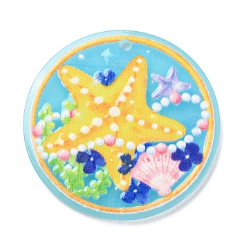 Acrylic Pendants, Flat Round with Ocean Theme Pattern, Gold, 34.5x2mm, Hole: 2mm