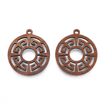 Chinese Style Natural Walnut Wood Pendants, Undyed, Hollow Flat Round Charm, Camel, 28x25x2.5mm, Hole: 1.8mm