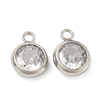 304 Stainless Steel Charms, with Glass Rhinestone, Flat Round, Stainless Steel Color, 10.5x8x3mm, Hole: 1.6mm