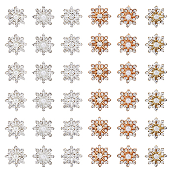 60Pcs 6 Style Alloy Rhinestone Cabochons, with Plastic Imitation Pearl, Snowflake, Mixed Color, 14~16x4~5mm, 10pcs/style