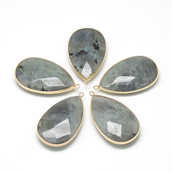 Natural Labradorite Big Pendants, with Brass Findings, Faceted, teardrop, Golden, 53~55x31x10.5mm, Hole: 2mm